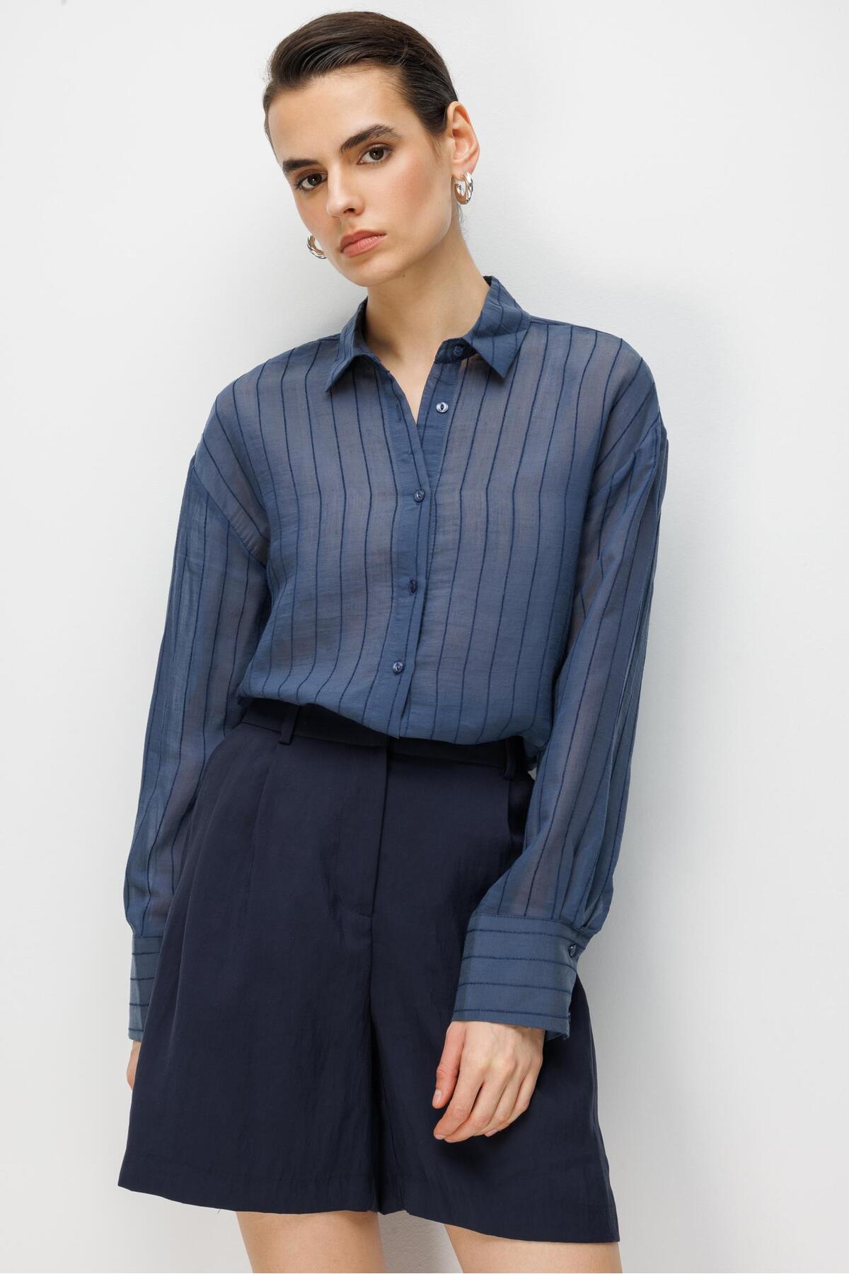 Mixray  4644 Kadın Kabartma Çizgili Transparan Basic Gömlek Lacivert - Görsel 2
