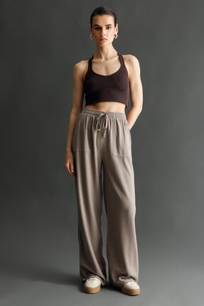 Mixray 4629 Kadın Bol Paça Yüksek Bel Viskon Palazzo Pantolon Antik Vizon