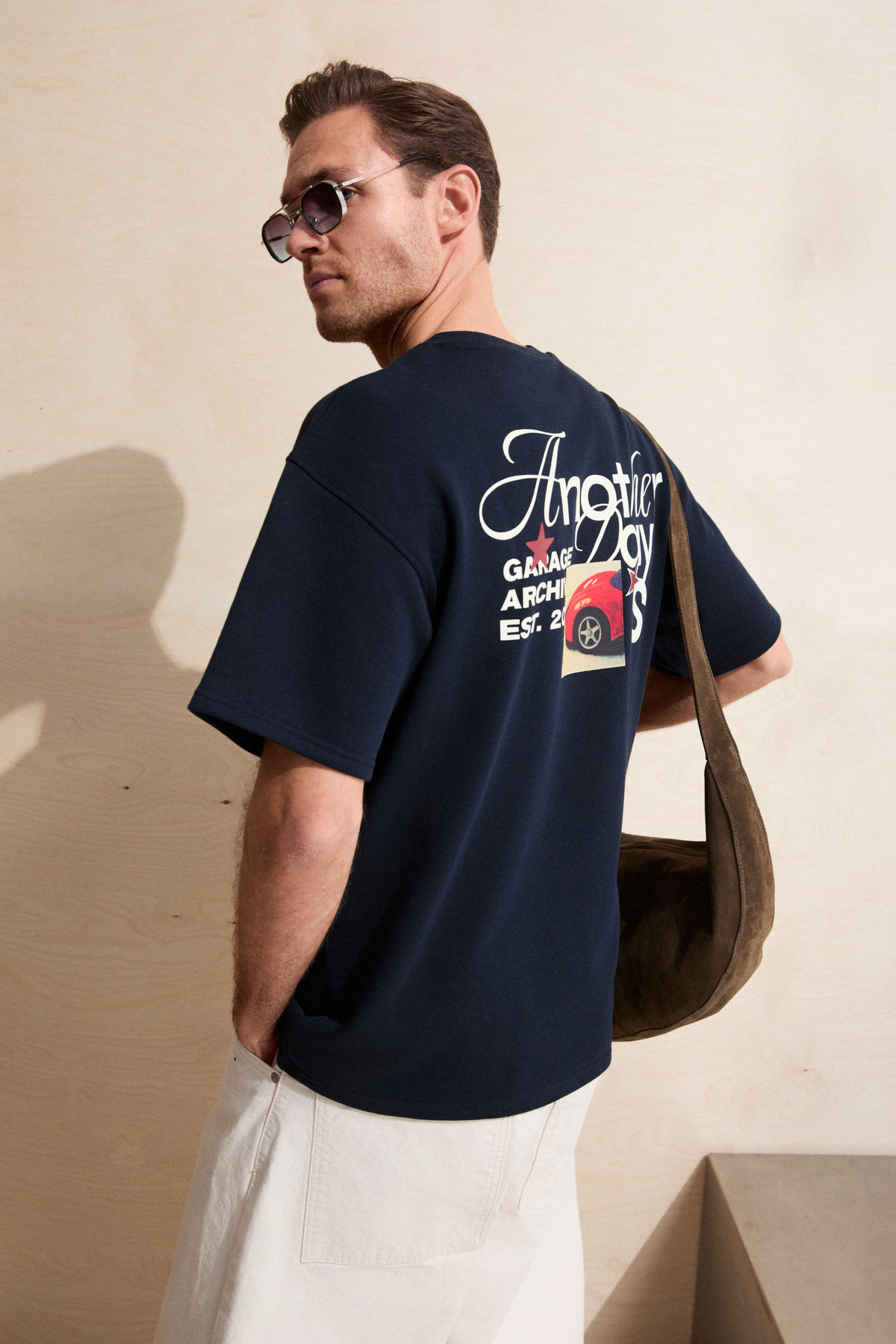 GRIMELANGE  DUKI Erkek Bisiklet Yaka Organik Pamuklu Baskılı Oversıze Lacivert T-Shirt