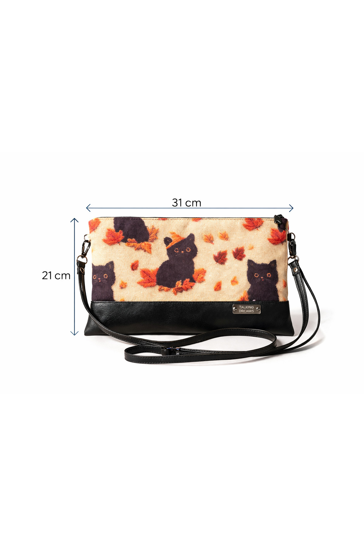 TALKING DREAMS Kara Kedi Desenli Siyah Suni Derili Uzun Saplı Clutch görsel 2