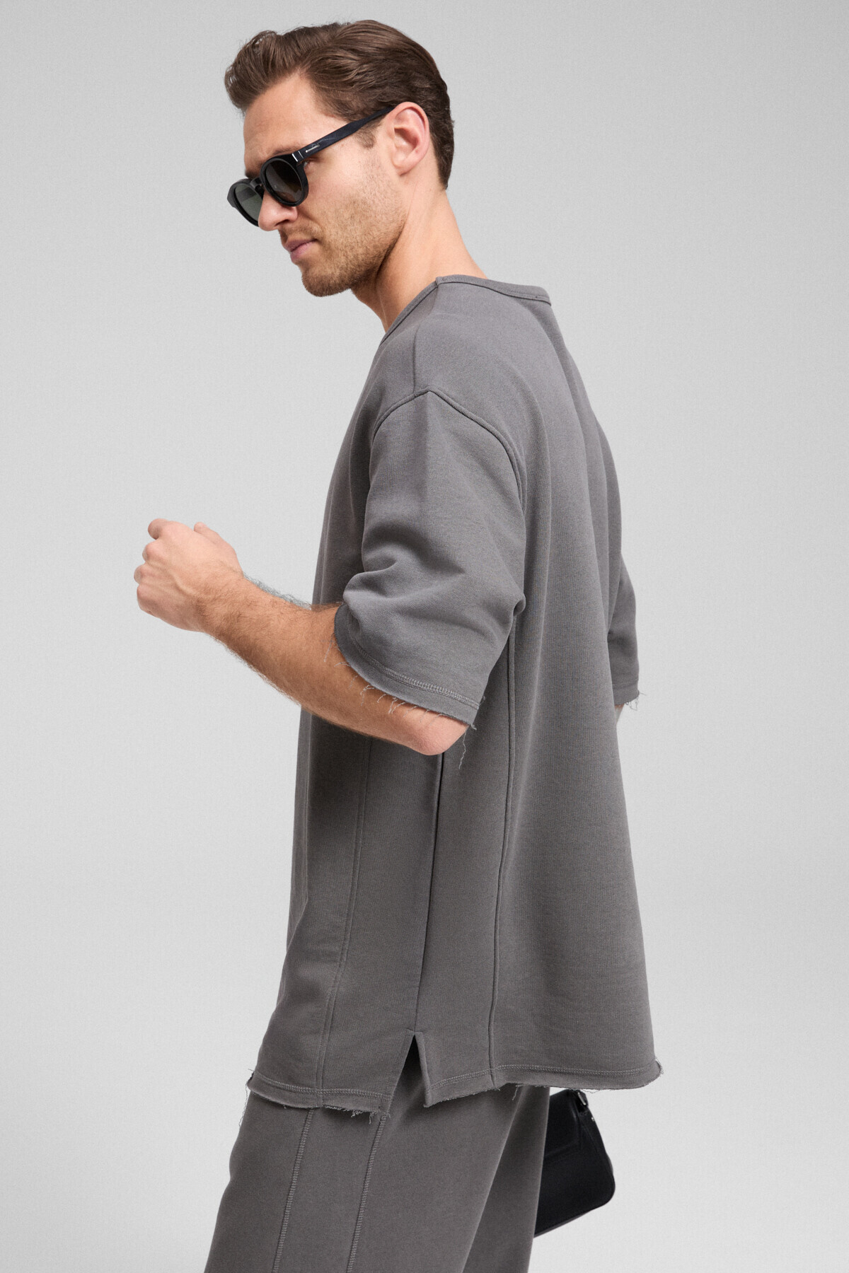 GRIMELANGE  EASY Erkek Pamuklu Bisiklet Yaka Beli Lastikli Kordonlu Çift Cepli Regular Antrasit Eşofman Takımı - Görsel 3