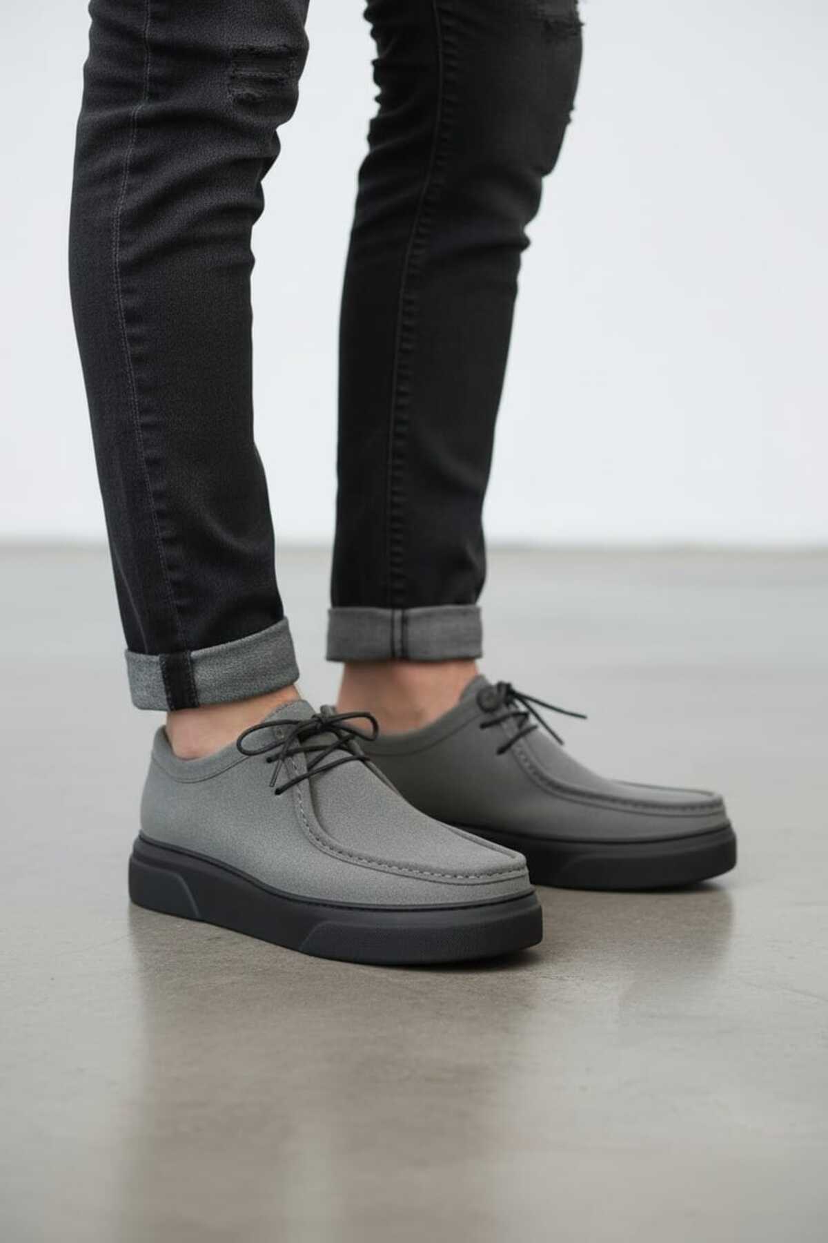 FAYMAZ  Erkek Gri Süet Bağcıklı Klasik Günlük Ayakkabı Wallabee Sisli Model Hafif Taban - Görsel 4