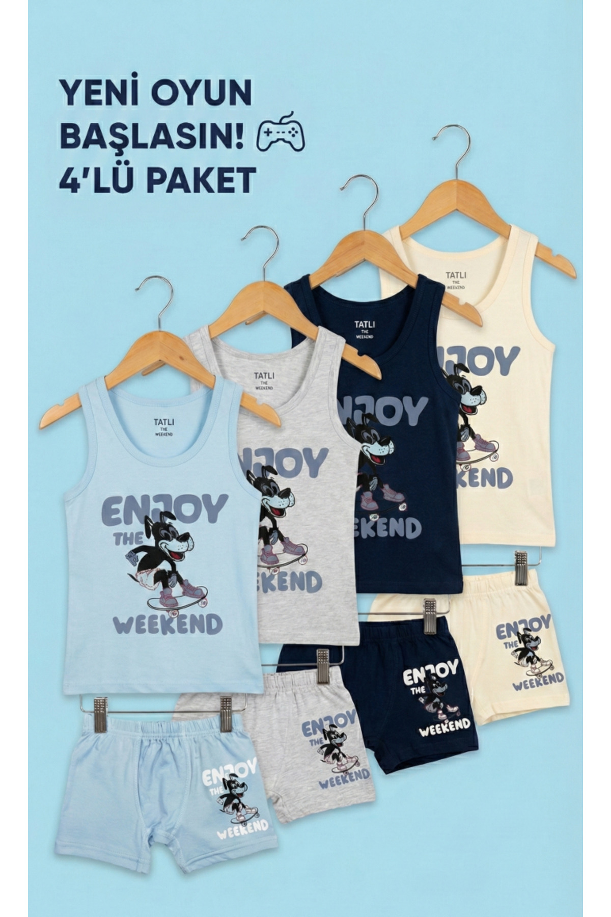 BOYS PRINTED UNDERSHIRT BOXER SET 4pcs ECONOMIC PACKAGE 100% COTTON