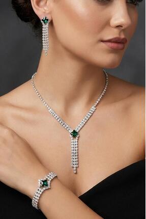 Valmont Accessories Yeşil Kare Taşlı Su Yolu 3’lü Takı Seti - Düğün, Kına, Ni...