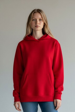 evavi Kadın Baskısız Kapüşonlu Kanguru Cepli Kırmızı Sweatshirt