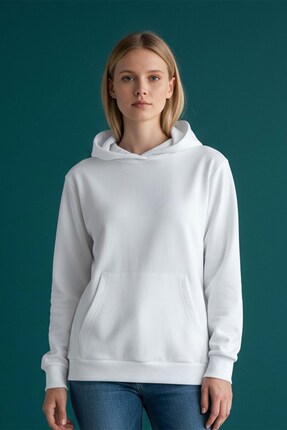 evavi Kadın Baskısız Kapüşonlu Kanguru Cepli Beyaz Sweatshirt