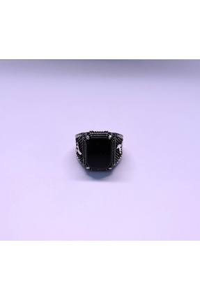 Avcı Silver 925 Ayar Gümüş Bozkurt Motifli Dikdörtgen Mat Siyah Taşlı Erkek Y...