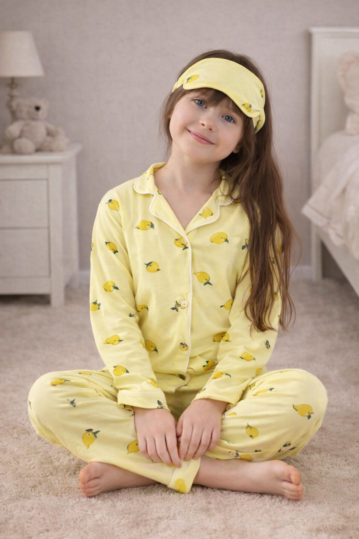 zahider Kız çocuk pamuklu limon desenli uyku bantlı düğmeli gömlek yaka mevsimlik pijama takımı fotoğrafı 2 (önizleme)