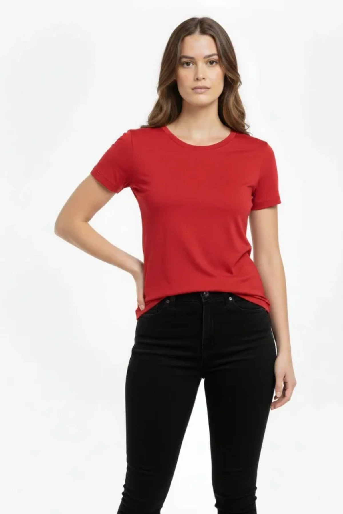 T-Shirt Bisiklet Yaka Slim Fit Likralı Tişört Günlük Basic Body - Kırmızı alternatif görünüm