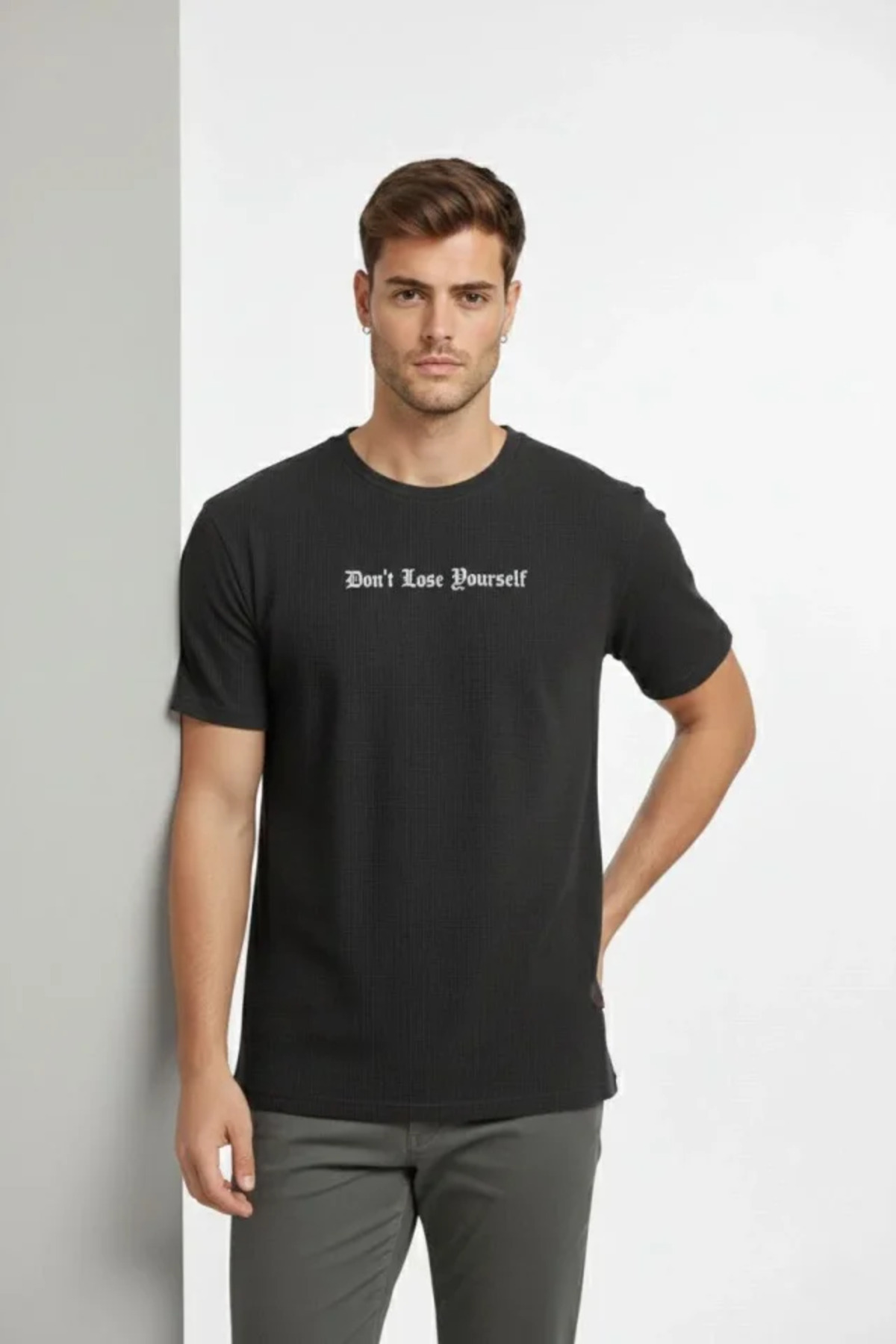 Erkek Wafıl Kumaş Tişört Regular Kalıp Bisiklet Yaka Baskılı Günlük Basic T-Shirt - Siy