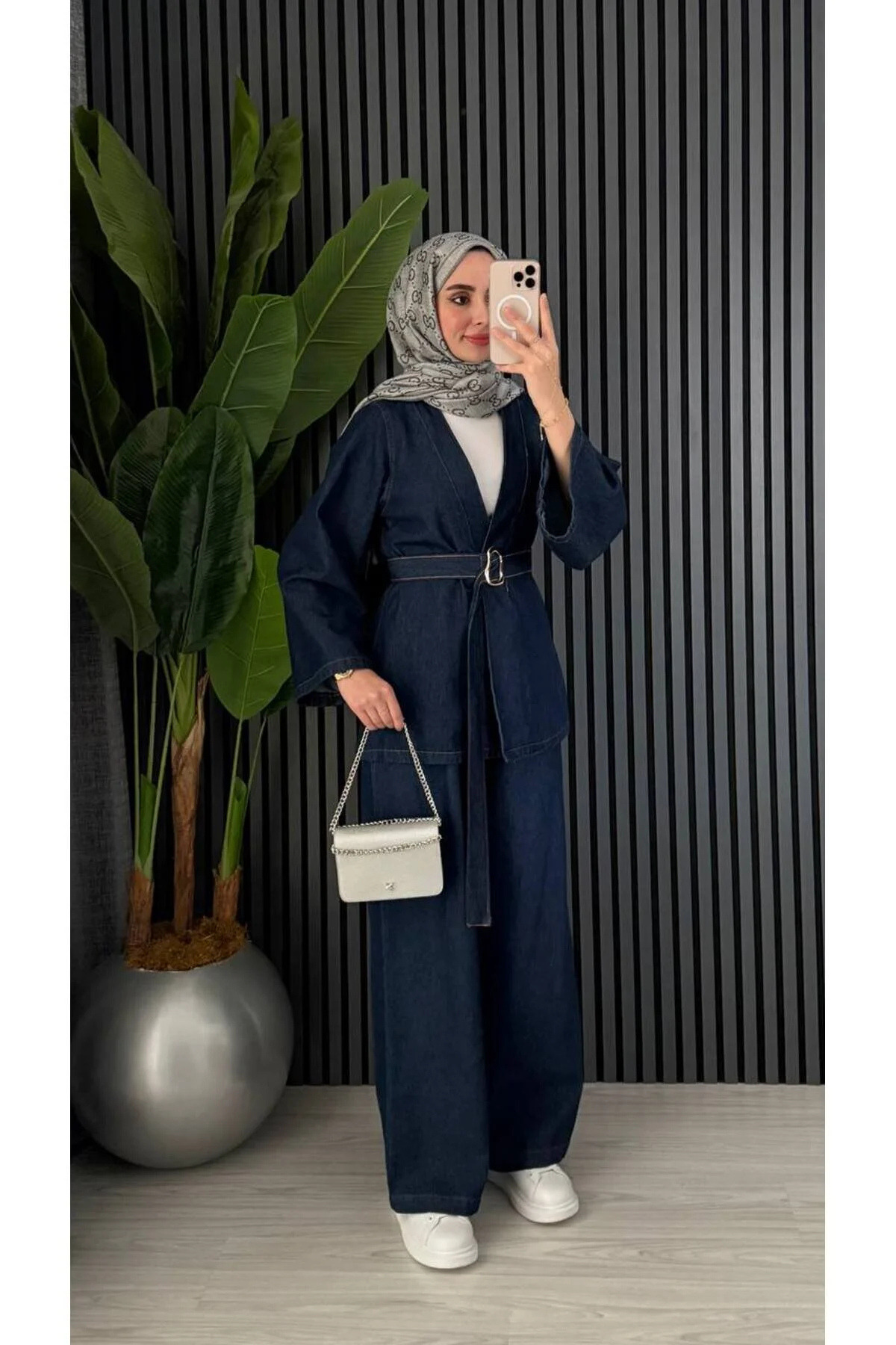 POP STORY  Koyu Lacivert Denim İkili Takım Kemer Detaylı – Oversize Ceket Bol Paça Rahat Pantolon - Görsel 2
