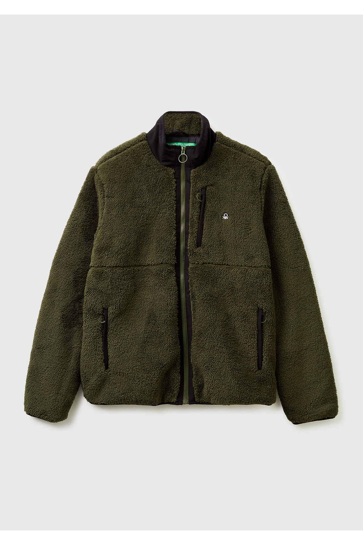 United Colors of Benetton  Erkek Haki Önü Logo İşlemeli Cep Detaylı Dik Yaka Polar Ceket