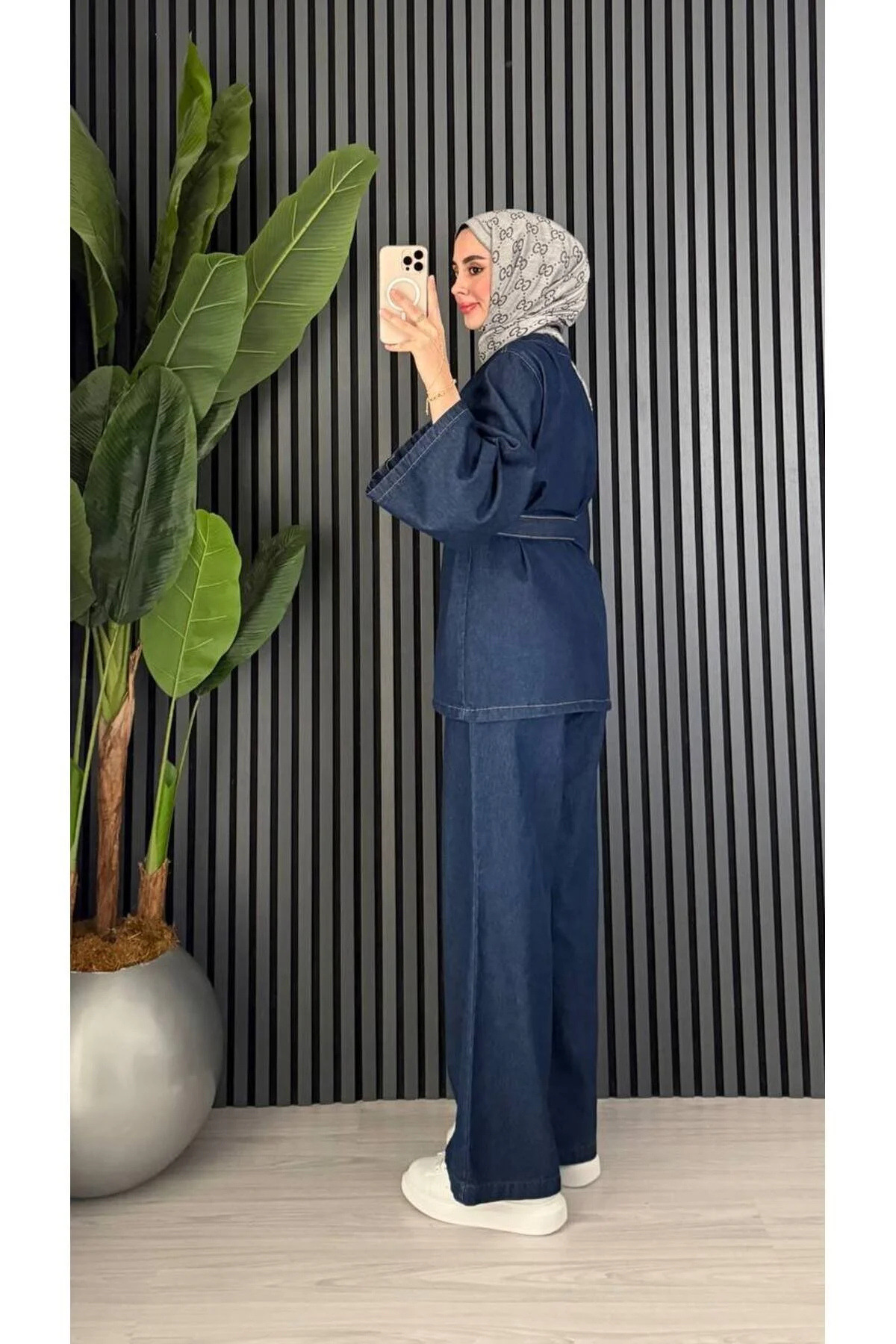 POP STORY  Koyu Lacivert Denim İkili Takım Kemer Detaylı – Oversize Ceket Bol Paça Rahat Pantolon - Görsel 5