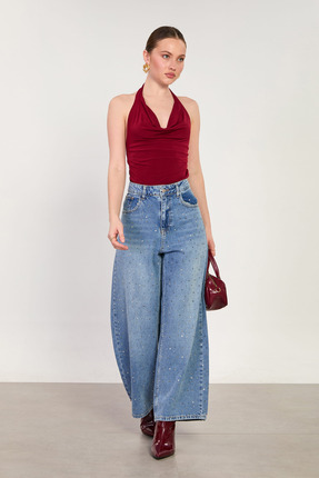 BARRELS AND OIL Kadın Ön Arka Taş Baskılı Bol Paça Jean Pantolon - Açık Mavi