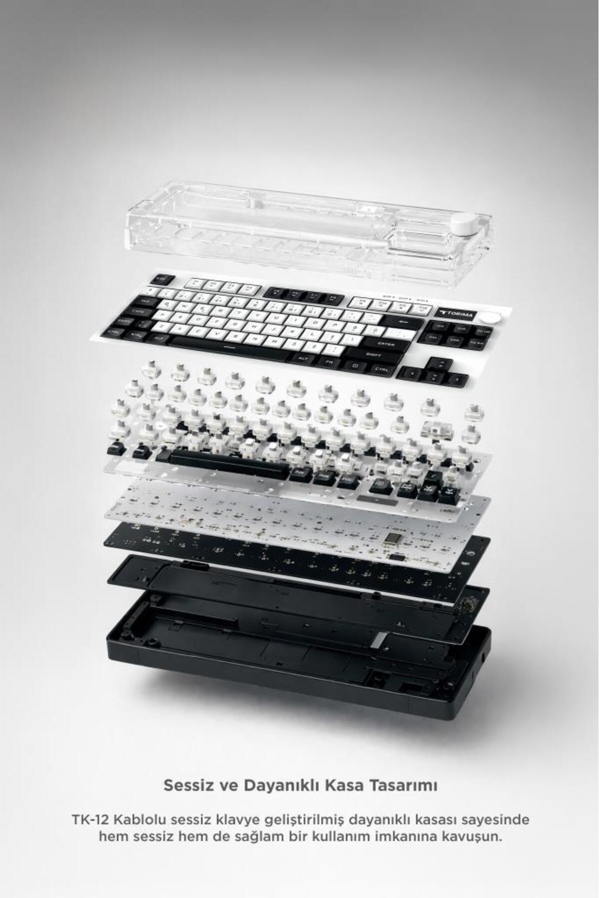 کیبورد کابلی RGB با نور پس‌زمینه و صدای کم Q مدل TK12 سیاه و سفید