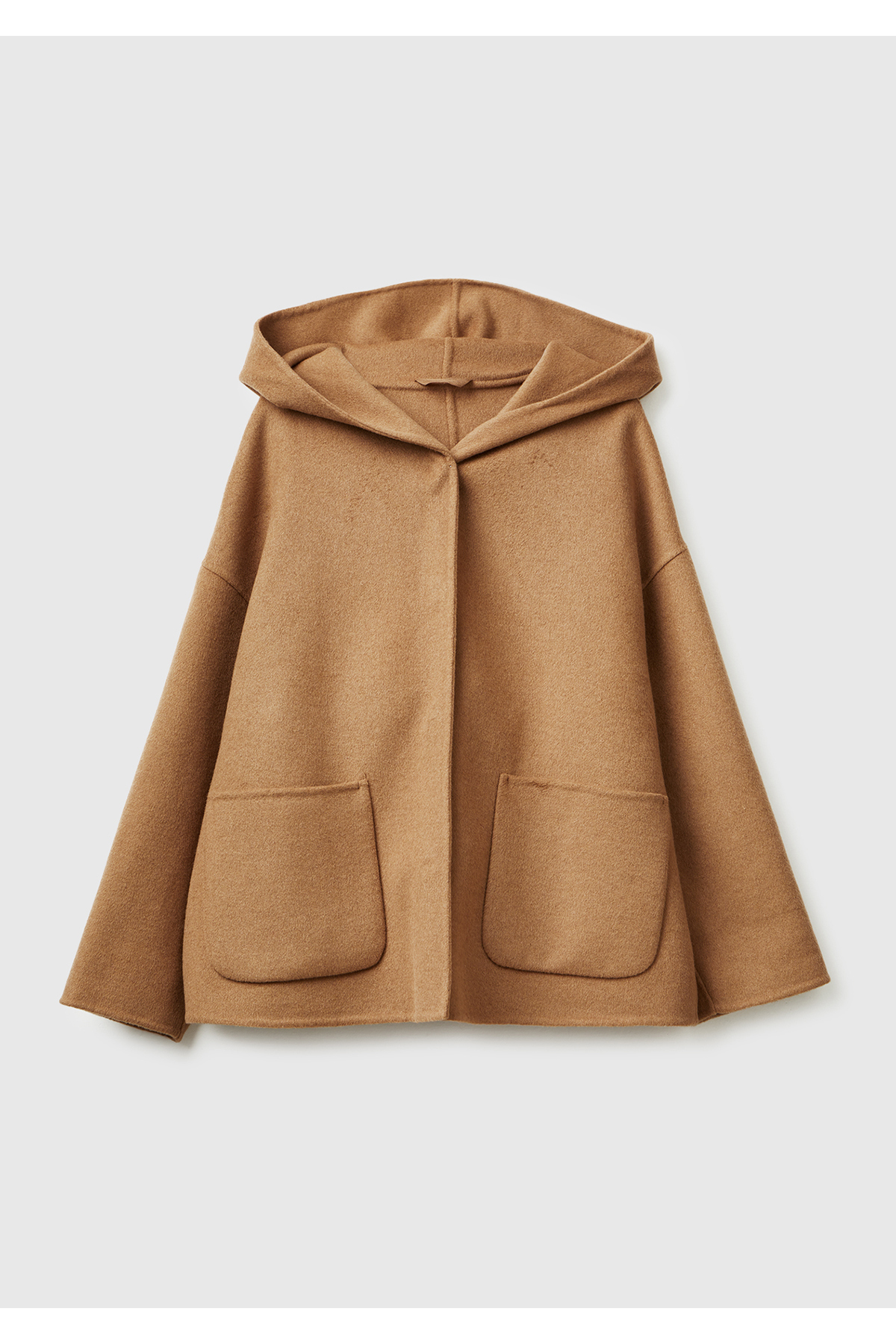 United Colors of Benetton  Kadın Açık Kahverengi Yün ve Viskoz Karışımlı Çift Taraflı Cepli Kapüşonlu Palto - Görsel 2