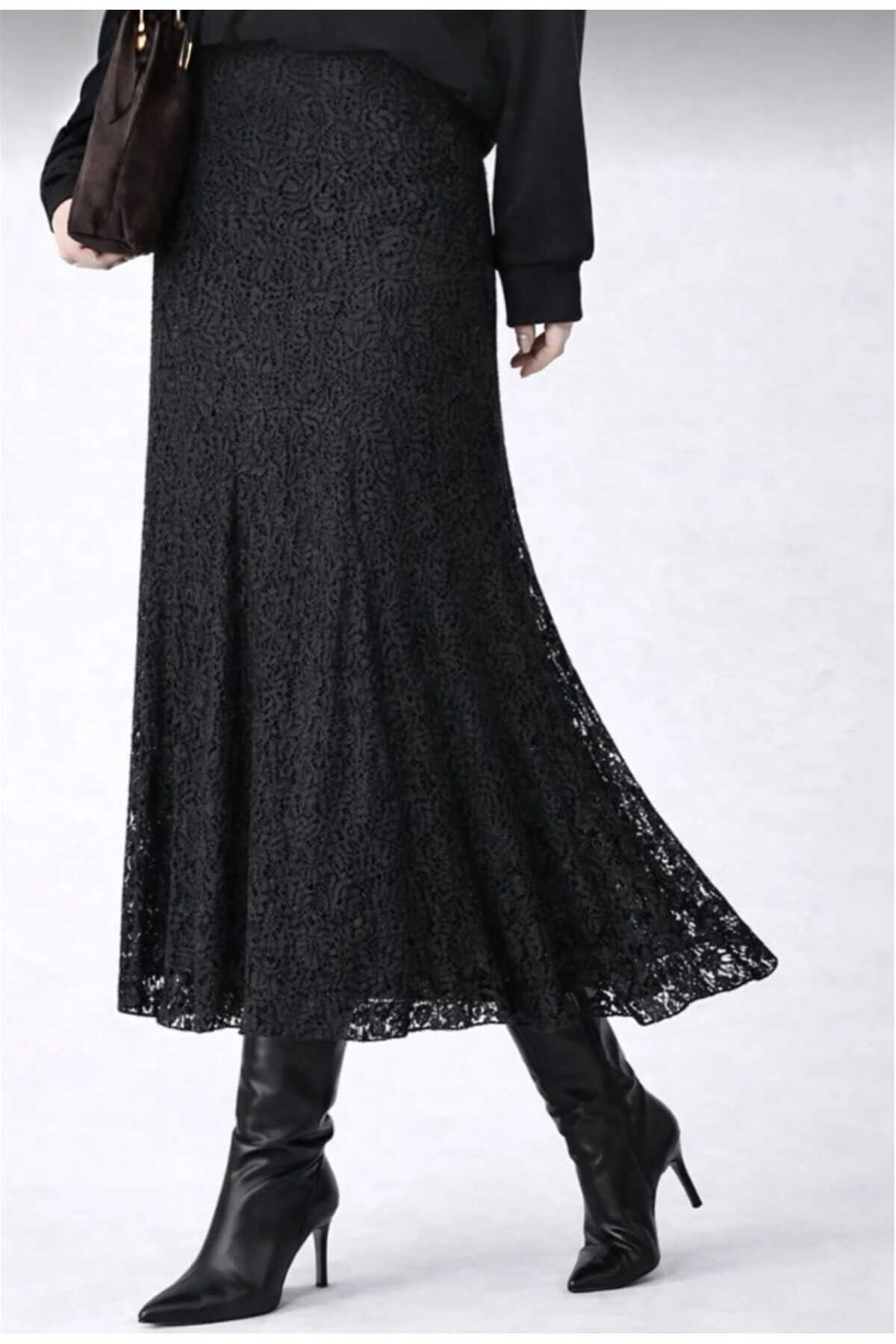 greymoda  Dantel yüksek bel lastikli rahat etek - Görsel 4