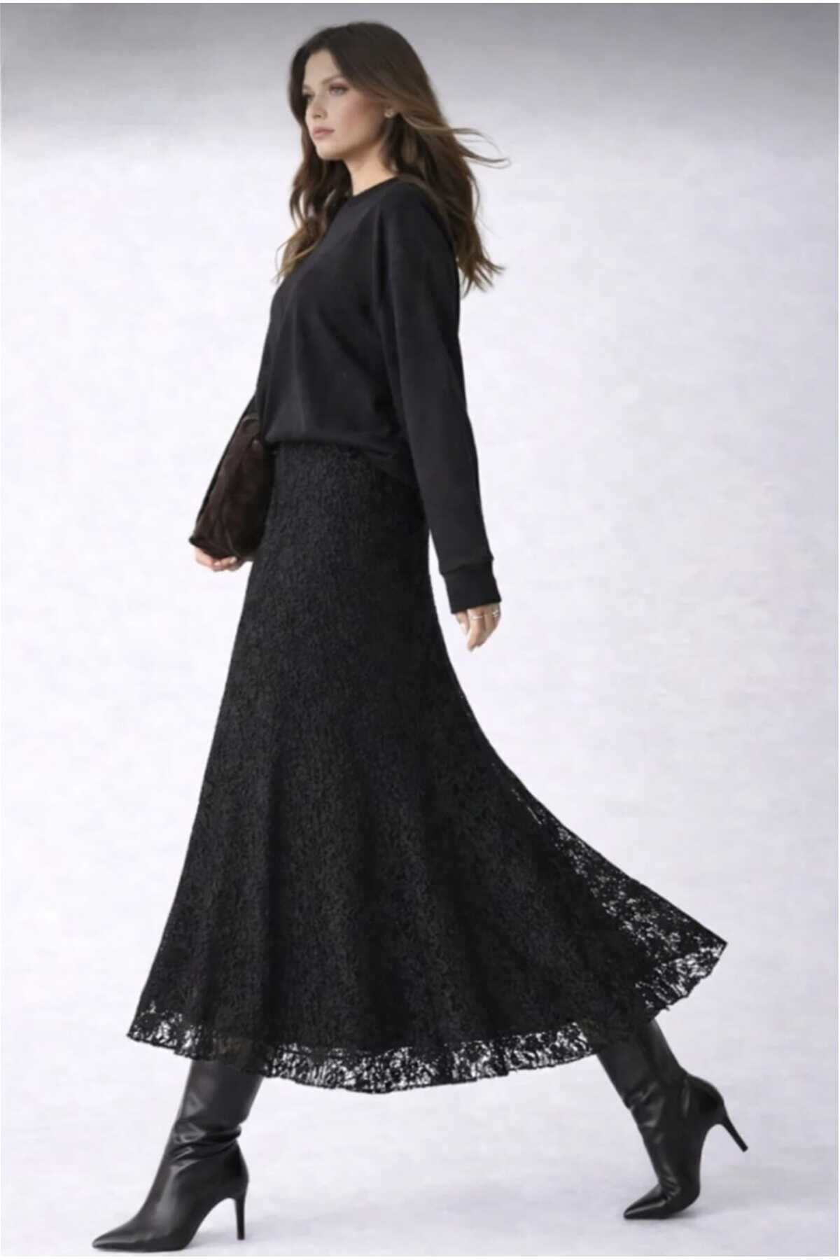 greymoda  Dantel yüksek bel lastikli rahat etek - Görsel 2