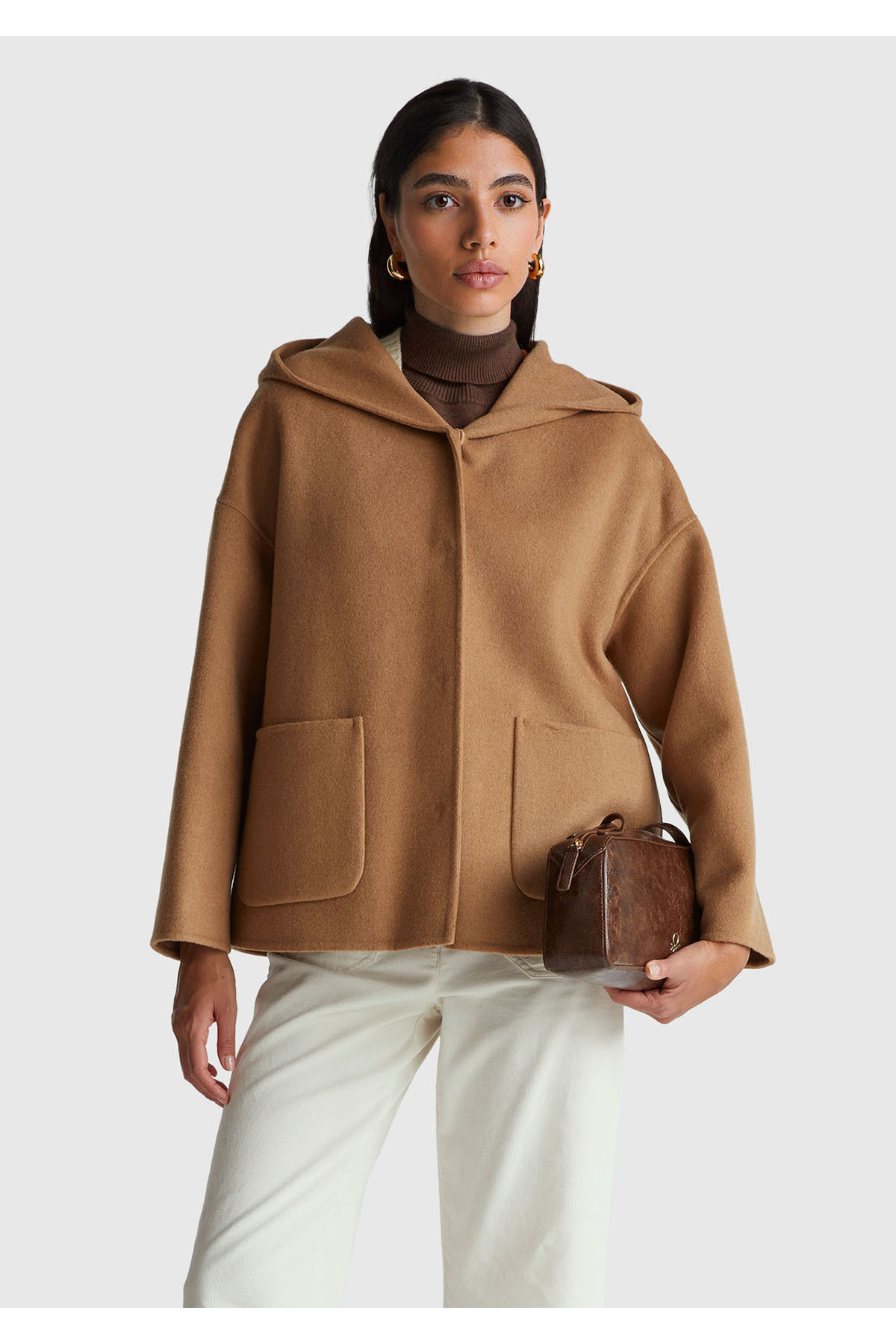 United Colors of Benetton  Kadın Açık Kahverengi Yün ve Viskoz Karışımlı Çift Taraflı Cepli Kapüşonlu Palto