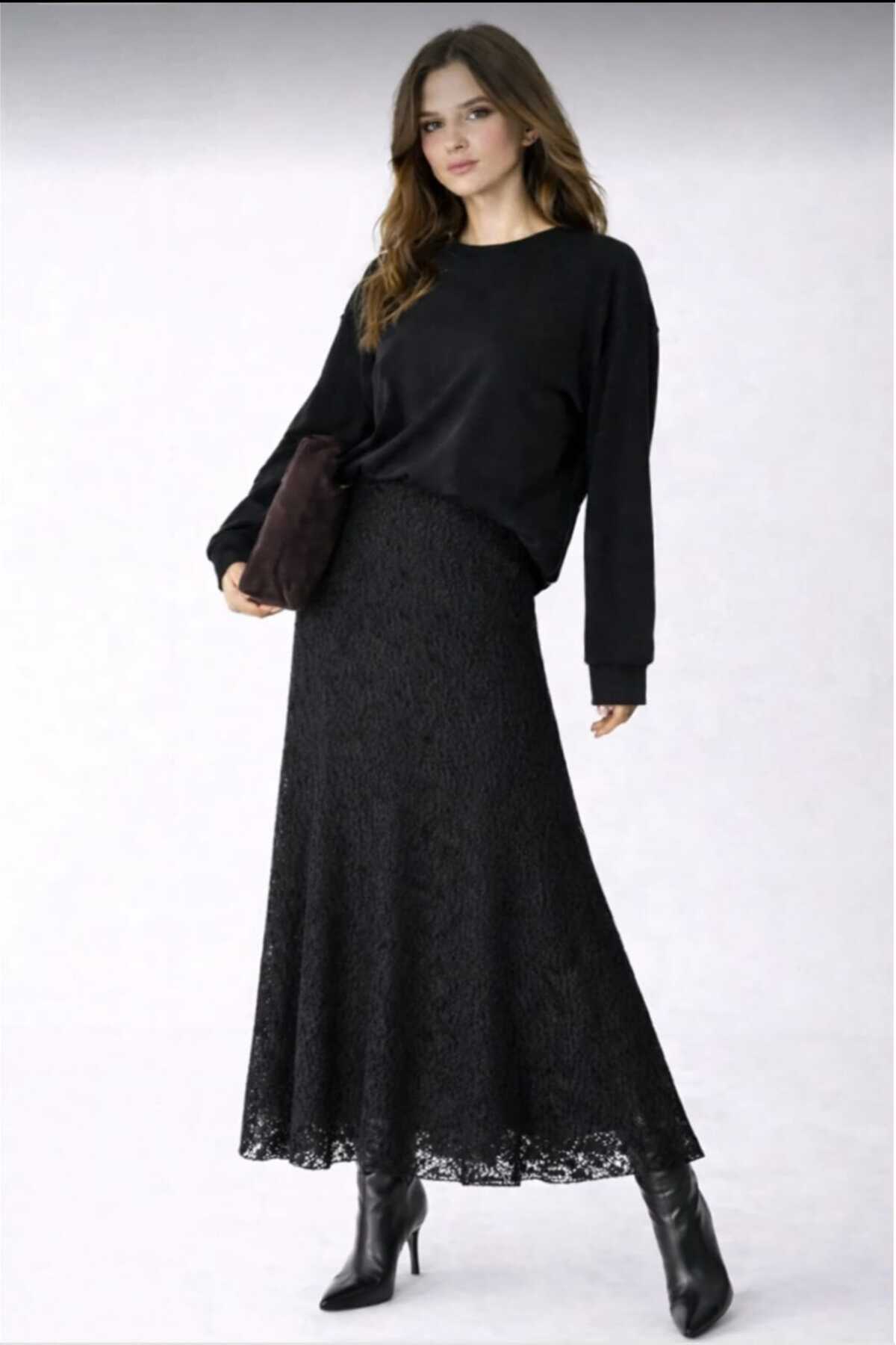 greymoda  Dantel yüksek bel lastikli rahat etek