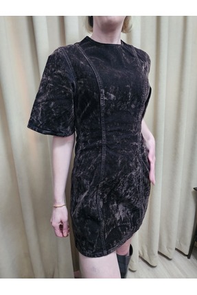 ECECE Kadın Kahverengi Kadife Görünümlü/Denim Mini Elbise