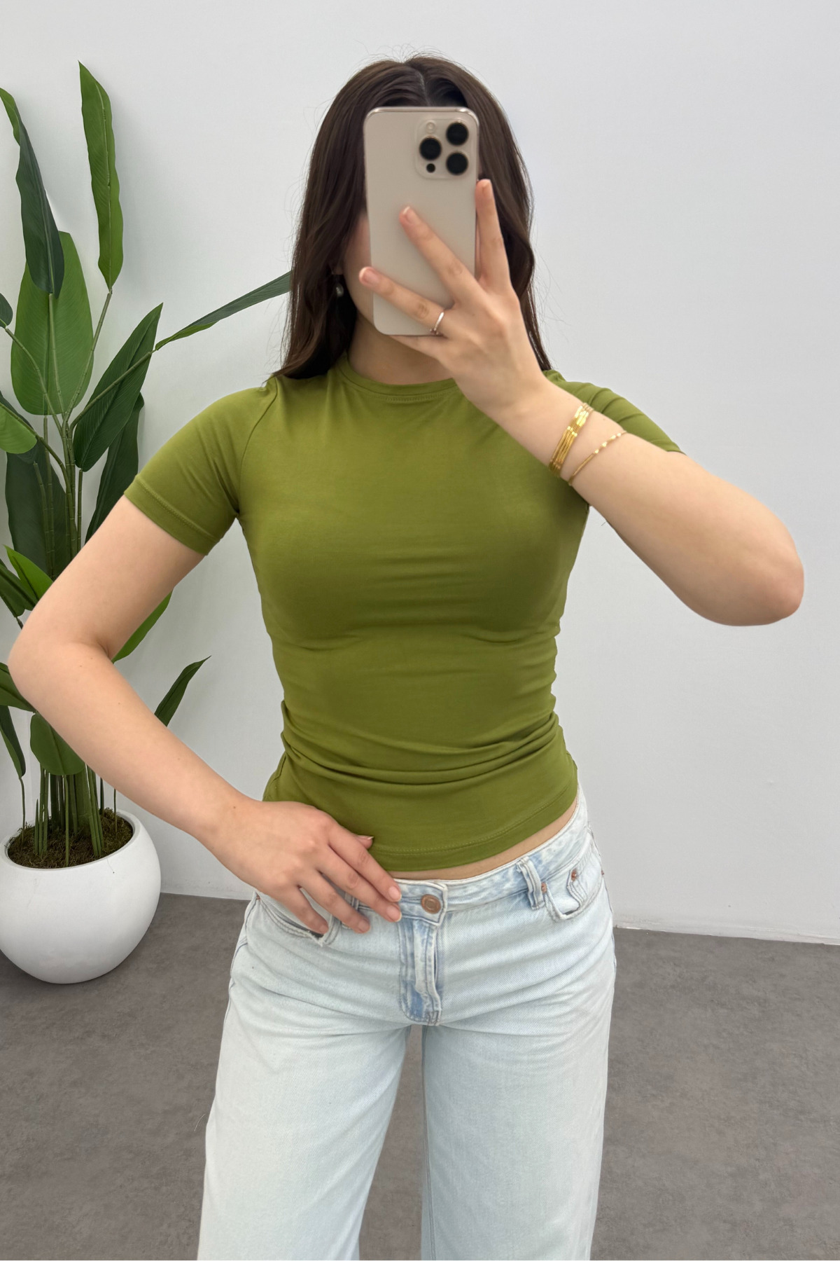 Bipantolon  Kadın Yağ Yeşili Bisiklet Yaka Kısa Kol Bluz - Görsel 6