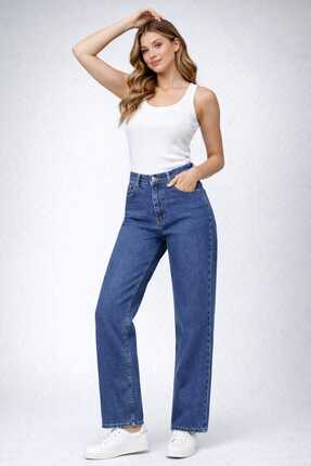 Rose Geniş paça palazzo likrasız lacivert kadın kot pantolon