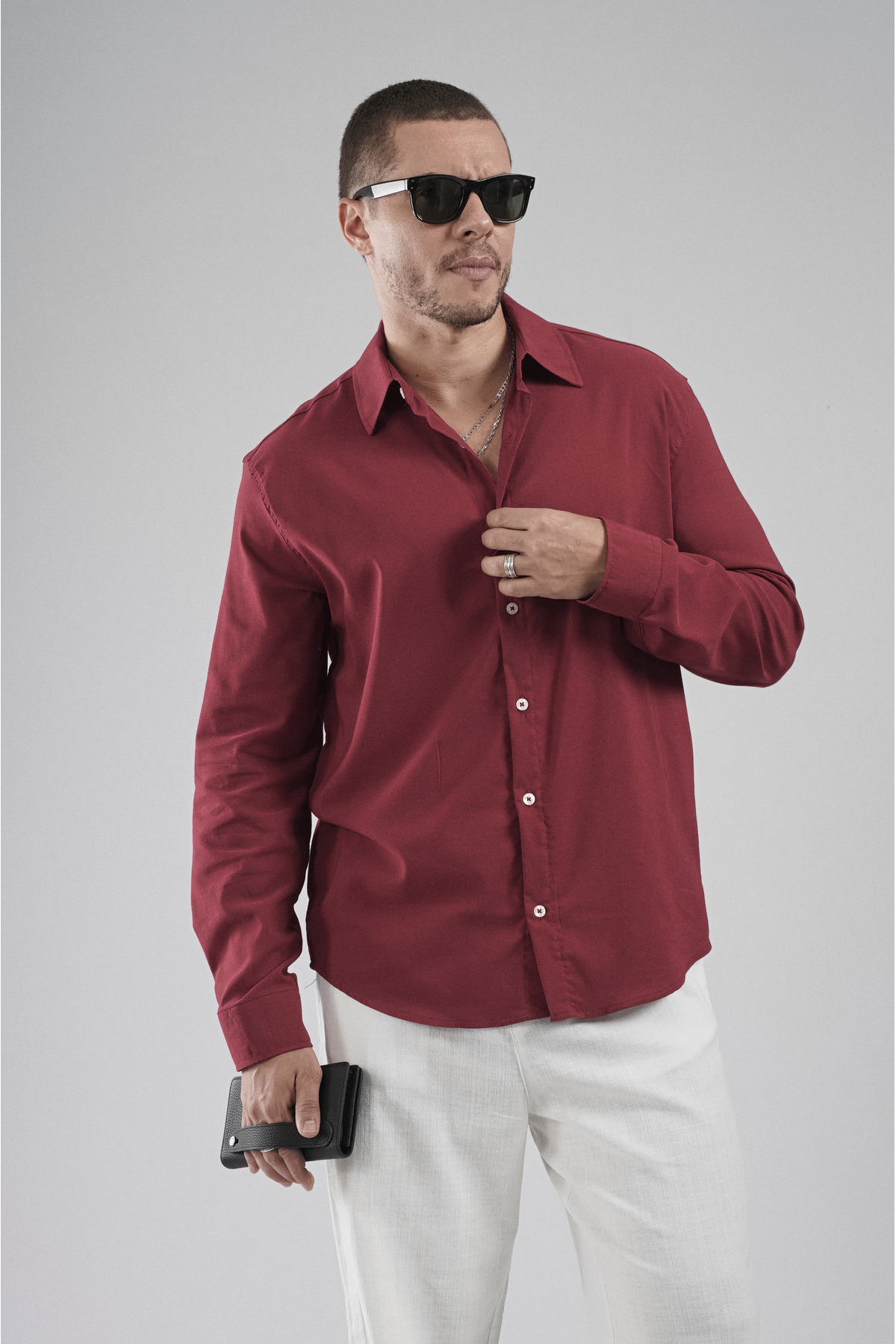 Butik Trend Biz Regular Fit Esnek Pamuklu Erkek Düz Gömlek — زرشکی 715-TB