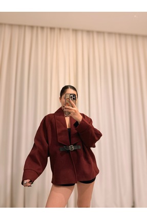 Labien Butik Kaşe Kumaş Deri Kemerli Bordo Tasarım Ceket