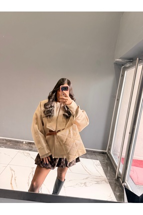 Labien Butik Kaşe Kumaş Deri Kemerli Bej Tasarım Ceket