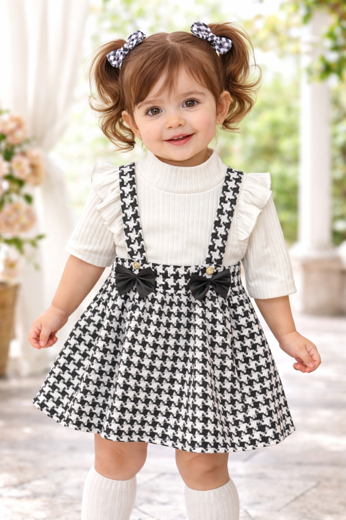 DUBAİ ÇOCUK Kız Bebek Salopet Elbise Takım Ayıcık Detaylı Kazayağı Desenli Jile Badi Kombin 6 Ay-3 Yaş fotoğrafı 4 (önizleme)