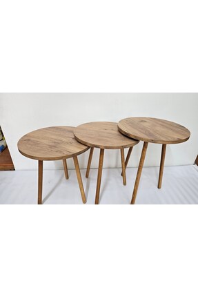 BC Tasarım 3’lü Yuvarlak Sehpa Takımı – Ahşap Ayaklı, Modern Tarz, Kahve Ve S...