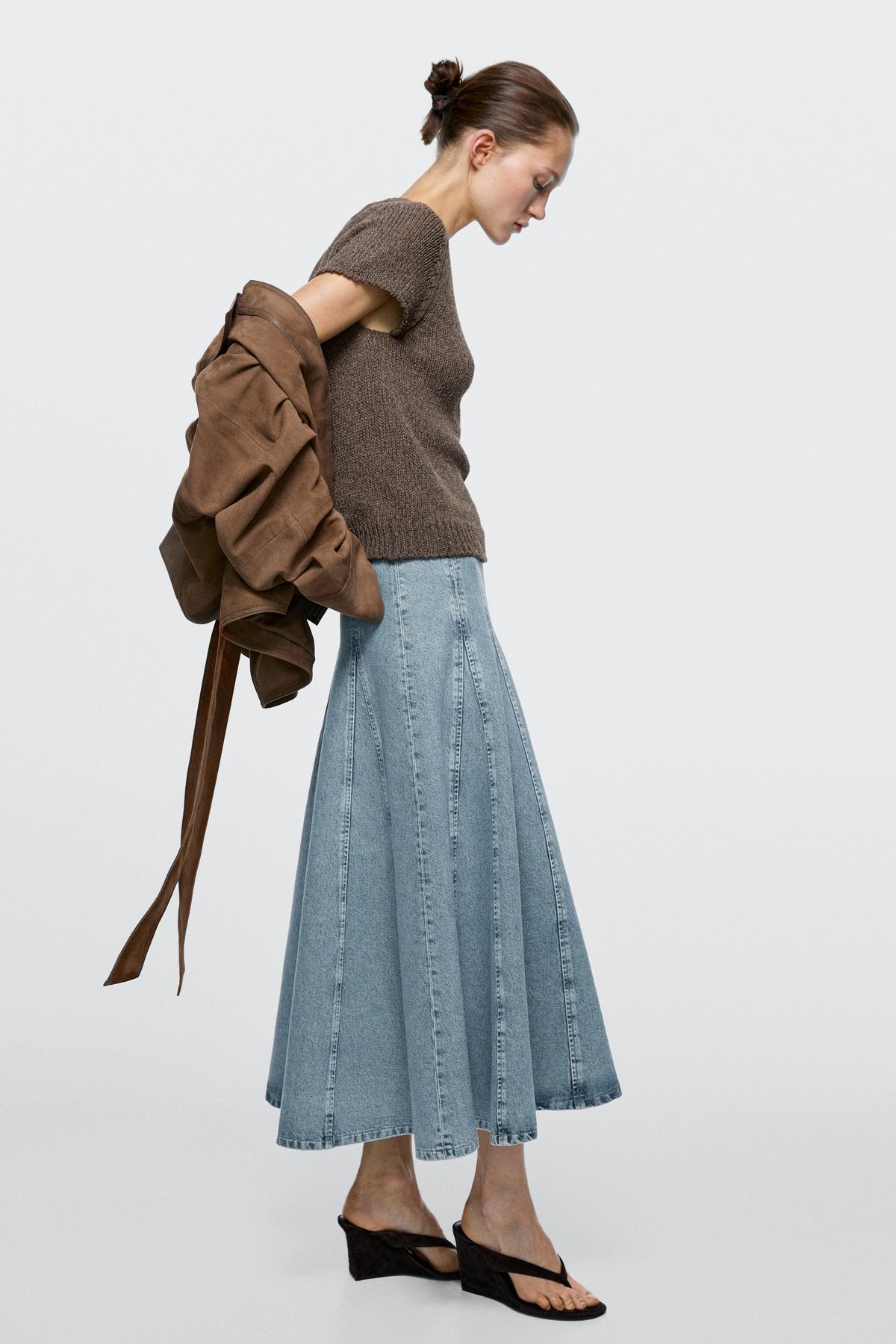 Massimo Dutti  Godet denim midi etek - Görsel 2