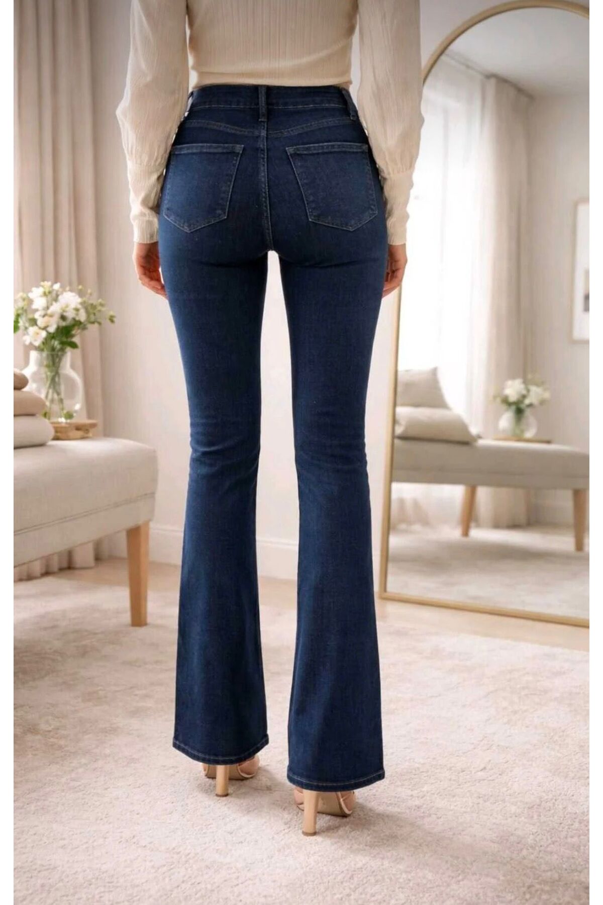 ON KLEEM  kadın lacivert ıspanyol paca Flare Jeans Kot Pantolonu Yüksek Bel Koyu Mavi - Görsel 2