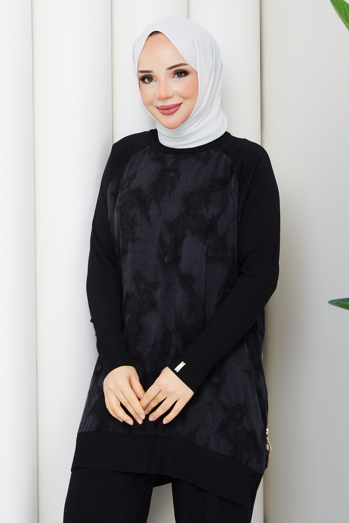 Pamuk Butik  Kadın İpek Kupra Bulut Desenli Pantolonlu İkili Merserize Triko Takım - Görsel 5