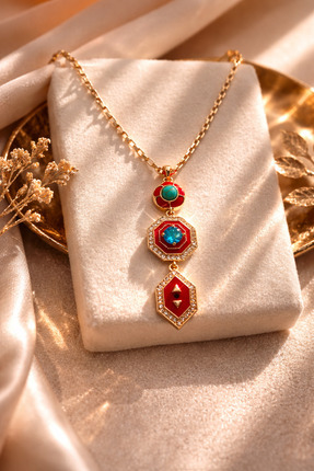 stainless steel Kadın Altın Renk Zincirli Turkuaz Taşlı Kırmızı Mineli Uzun K...