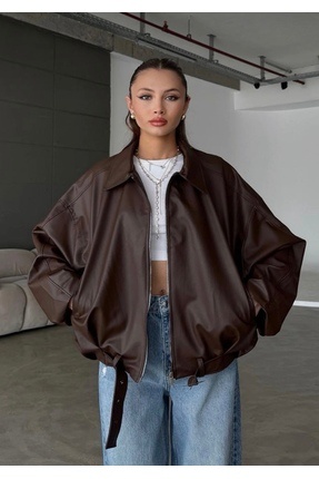 Rowsmen Kadın Oversize KAHVERENGİ Deri Ceket– Oversize Relax Fit, Fermuarlı K...