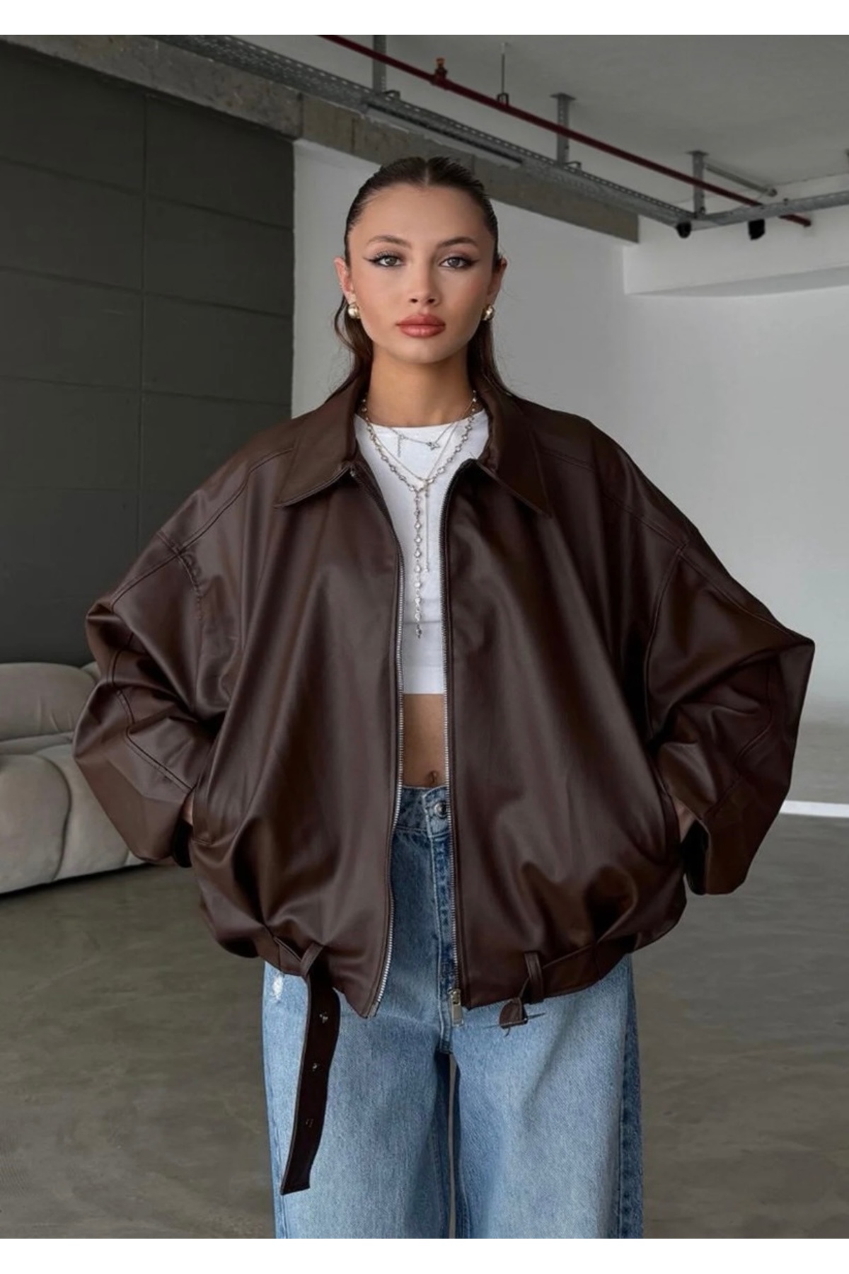 Rowsmen  Kadın Oversize KAHVERENGİ Deri Ceket– Oversize Relax Fit, Fermuarlı Kemer Detaylı Günlük Kadın Ceket