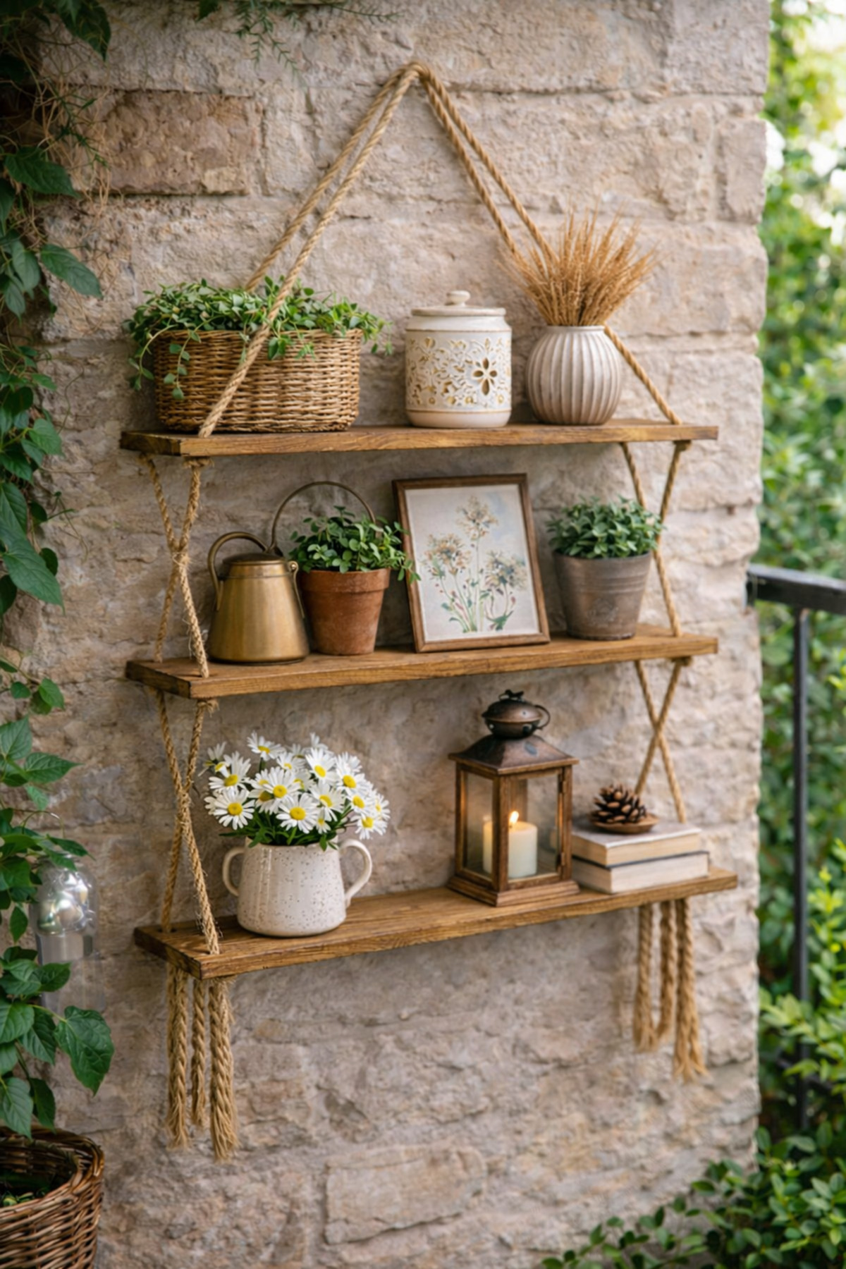 رف خشبي بحبل، رف زخرفي، رف كتب، ديكور حائط بحبل/قا...