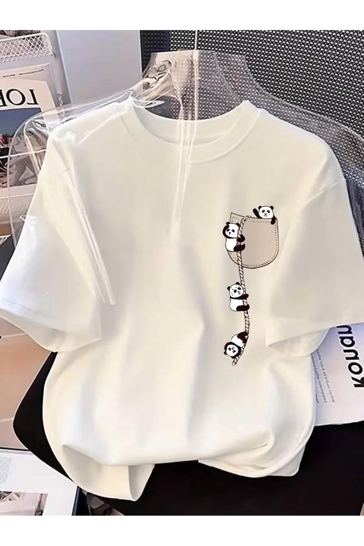 Oksit Slatka panda grafička vezica C Sa detaljem džepa kratki rukav O Oversiz...