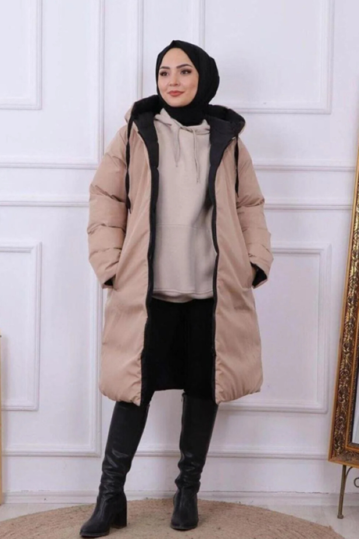 Rowsmen Kadın Çift Taraflı oversize Uzun Şişme Mont görsel 5