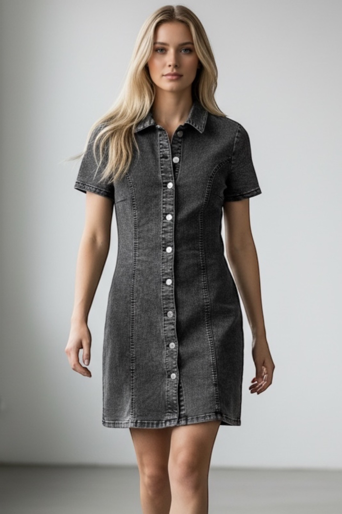 Trend Alaçatı Stili  Kadın Antrasit Önü Düğmeli Mini Jean Elbise Alc-X15410 - Görsel 3