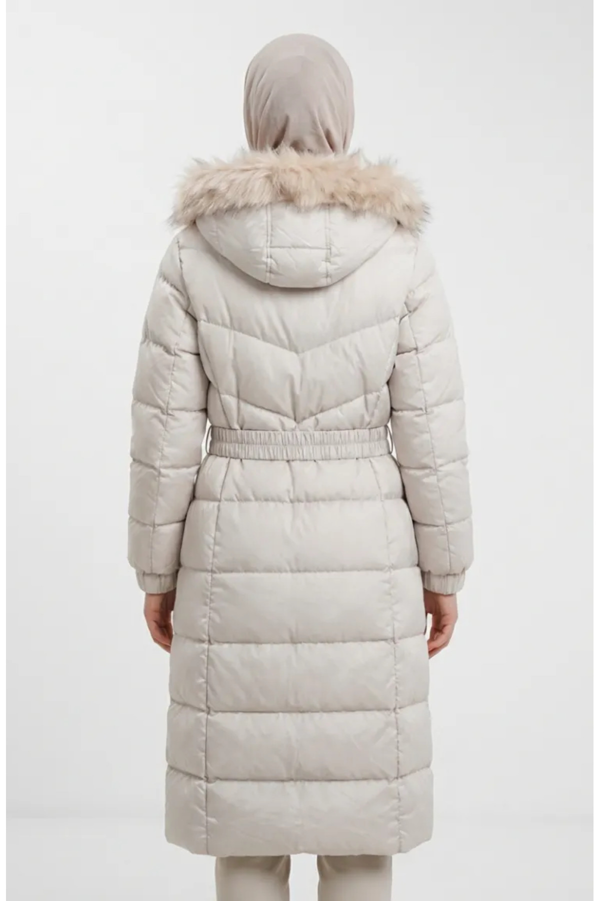sefamerve  Kürklü Kapüşonlu Kemerli Şişme Mont 6135-04 Bej - Görsel 4