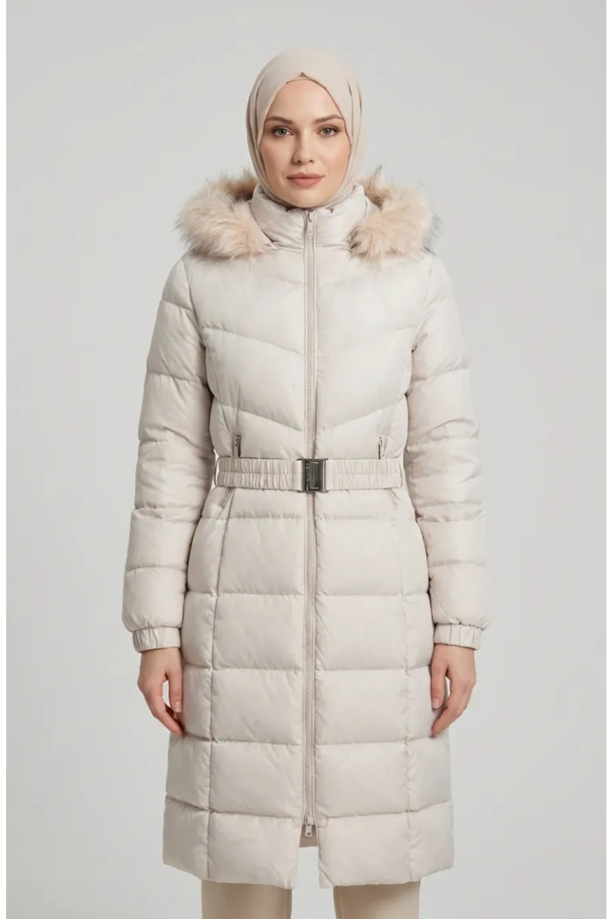 sefamerve  Kürklü Kapüşonlu Kemerli Şişme Mont 6135-04 Bej - Görsel 3
