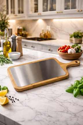 MAKRİ HOME Metal Yüzeyli Bambu Kesme Tahtası – Çift Taraflı Paslanmaz ve Doğa...