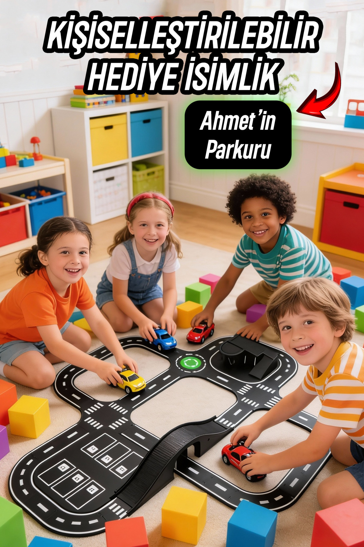 kutuTR Ahşap Oyuncak Araba Garajı ve Yarış Parkuru Seti – Kişiselleştirilebilir İsimlik Hediyeli fotoğrafı 6 (önizleme)