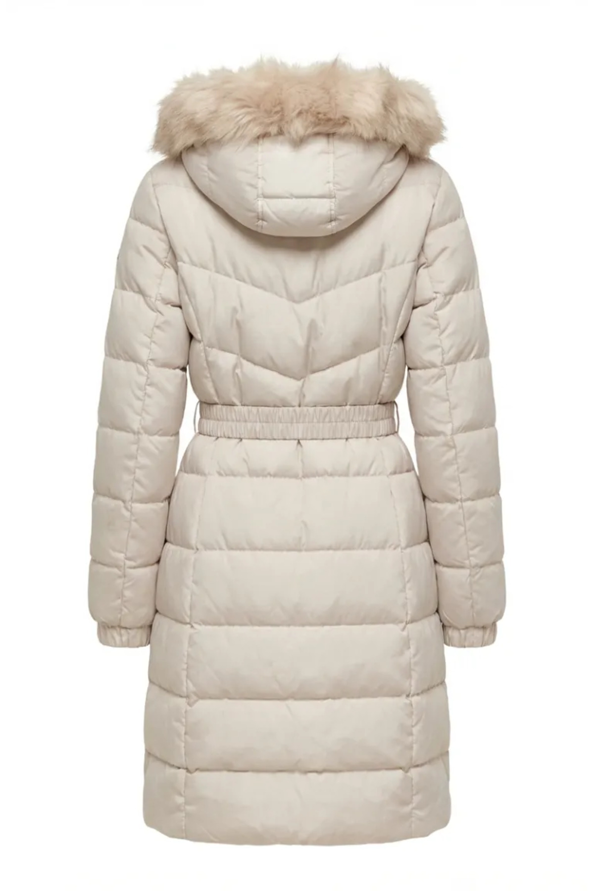 sefamerve  Kürklü Kapüşonlu Kemerli Şişme Mont 6135-04 Bej - Görsel 7