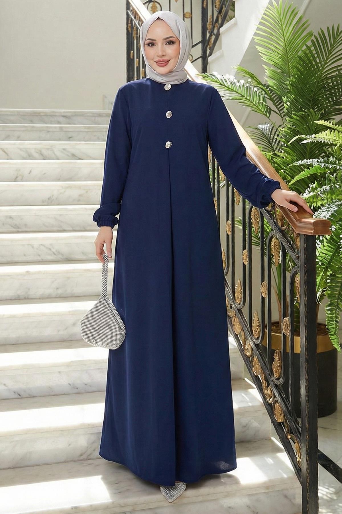 hafsamina Button Detailed A-Pleated Hijab Dress Navy Blue Hm2889