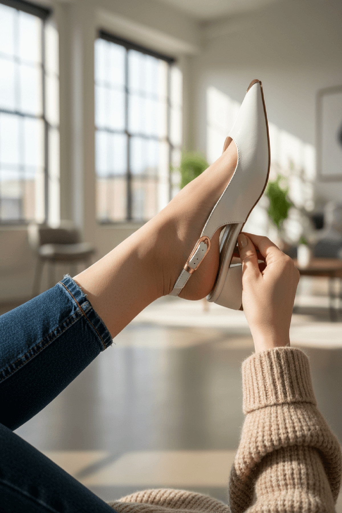 DURUNUN BUTİĞİ  Dundo Beyaz Yanı Tokalı (4 cm Topuk Boyu ) Sivri Burun Topuklu Babet Ayakkabı - Görsel 6