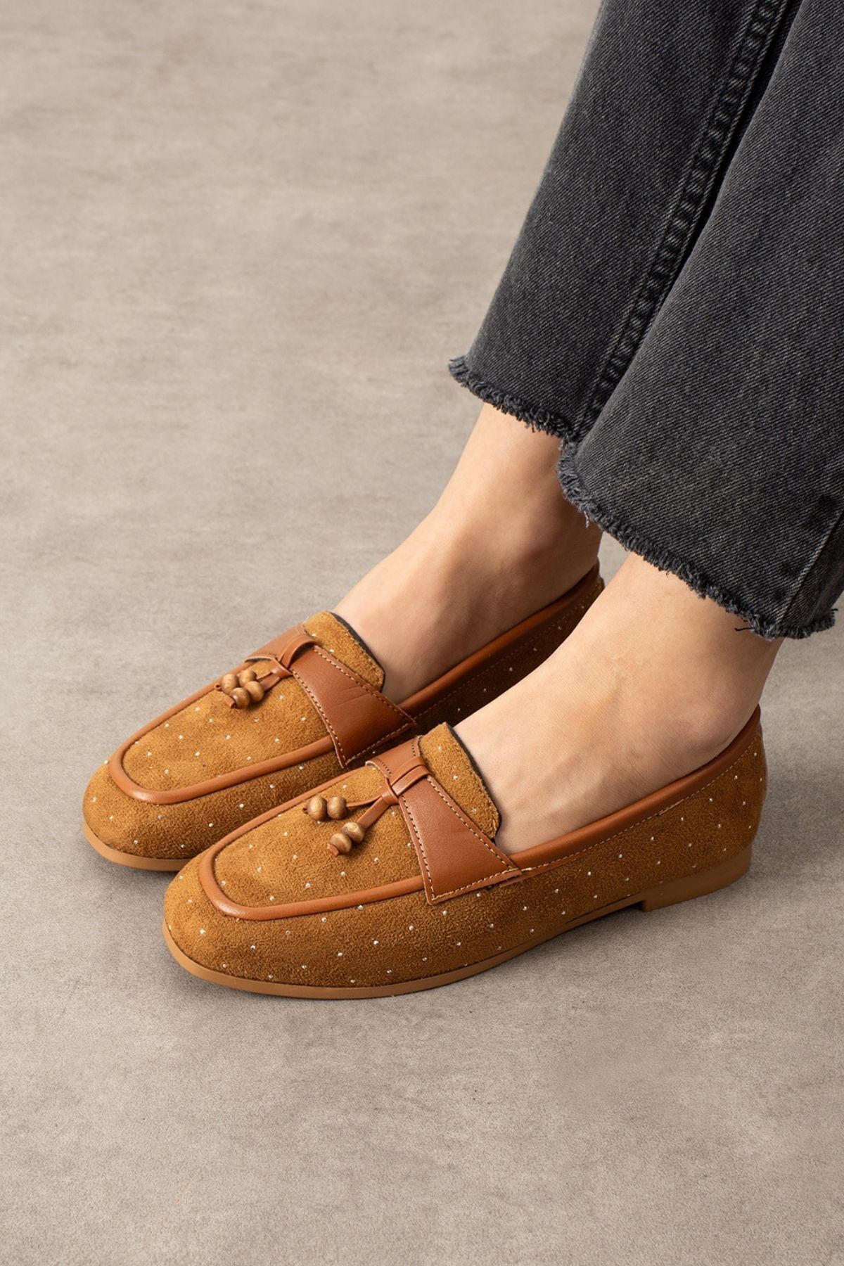 STOCON Padova Taba Mini Taşlı Püsküllü Ahşap Boncuk Detaylı Süet Loafer Babet Günlük Ayakkabı STC1259 görsel 4